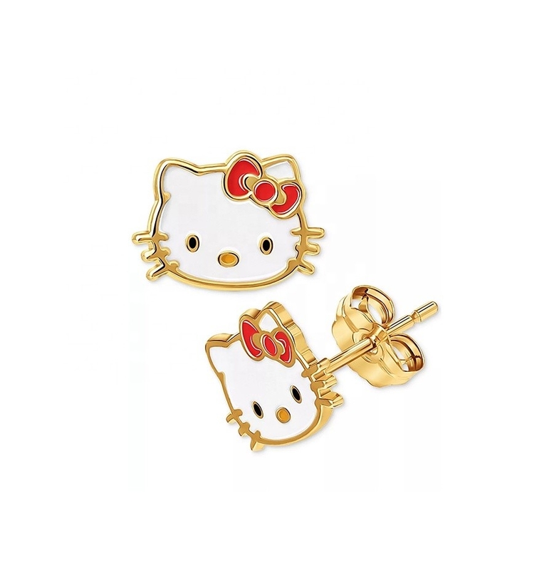 18K Gold Plated Hello Kitty Enamel Stud Earrings for Girls in 925 Sterling Silver