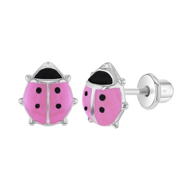 925 Sterling Silver Pink and Black Enamel Ladybug Baby Girls Stud Screw Back Earrings