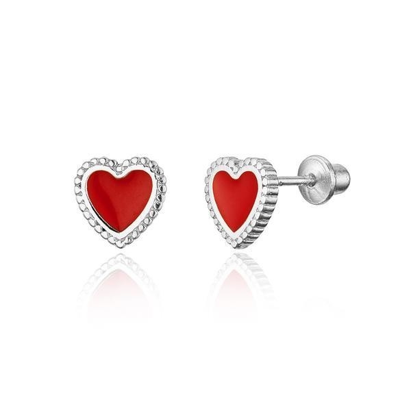 Children's Safe Screw Back Earrings in 925 Sterling Silver with Tiny Red Enamel Heart