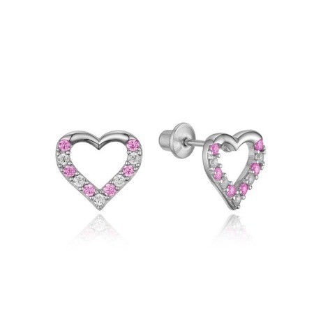 Micro Insert Heart Pink Screw Back Earrings for Children in 925 Sterling Silver