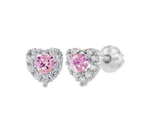 Rose Gold Plated Heart Pink CZ Screw Back Stud Earrings for Kids in 925 Sterling Silver