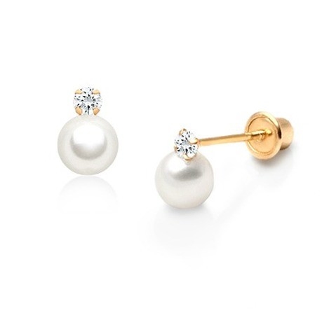 Kids Jewelry Pearl Drop Earrings with Screw Back and White CZ in 925 Sterling Silver
