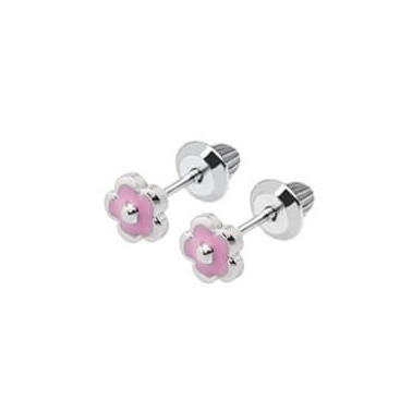 Cute Trendy Pink Flower Enamel Screw Back Earring Adorable 925 Sterling Silver Design