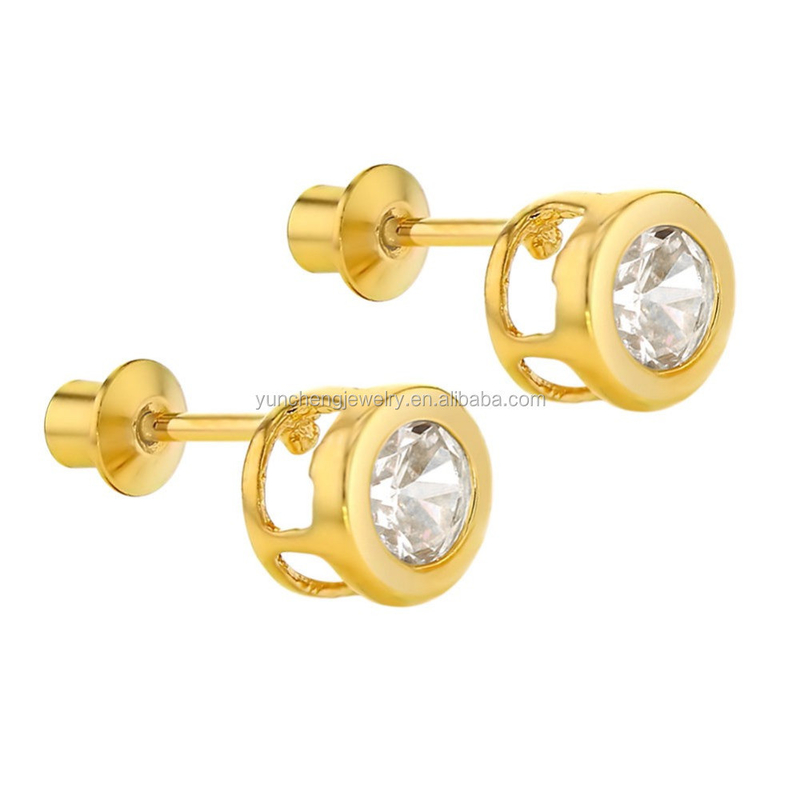 Handmade 4mm Clear CZ Gold Plated Stud Earrings for Baby Children 925 Silver Jewelry