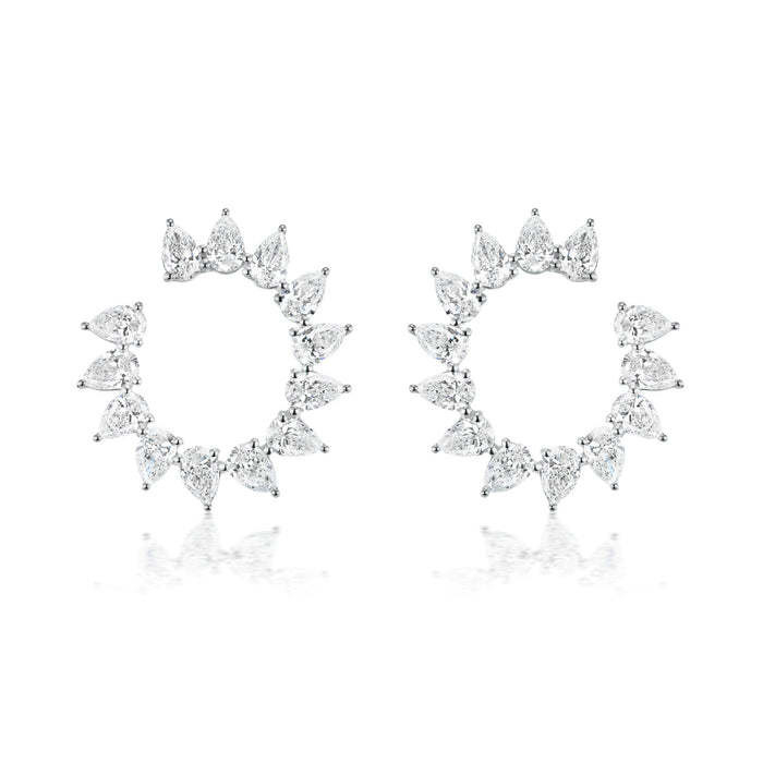 Unique Tear Drop Cut CZ Stud Earrings in Rhodium Plated Half Circle Shape for Women