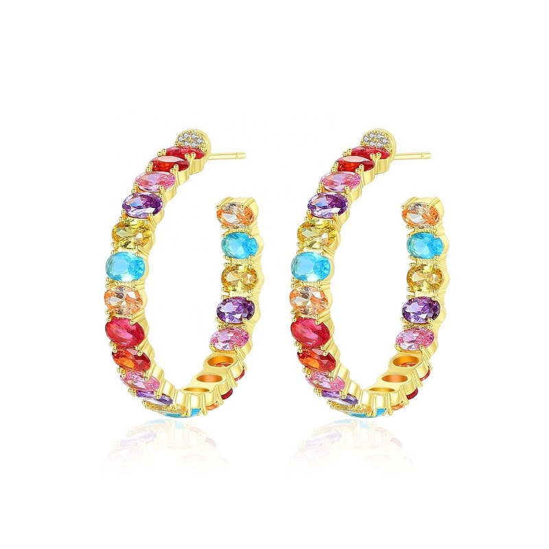 Colorful Brazilian 18K Gold Hoop Earrings Oval Cut Brass Earrings Hoops