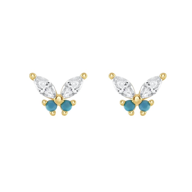 18K Gold Marquise Cut Turquoise CZ 925 Sterling Silver Butterfly Stud Earrings for Women