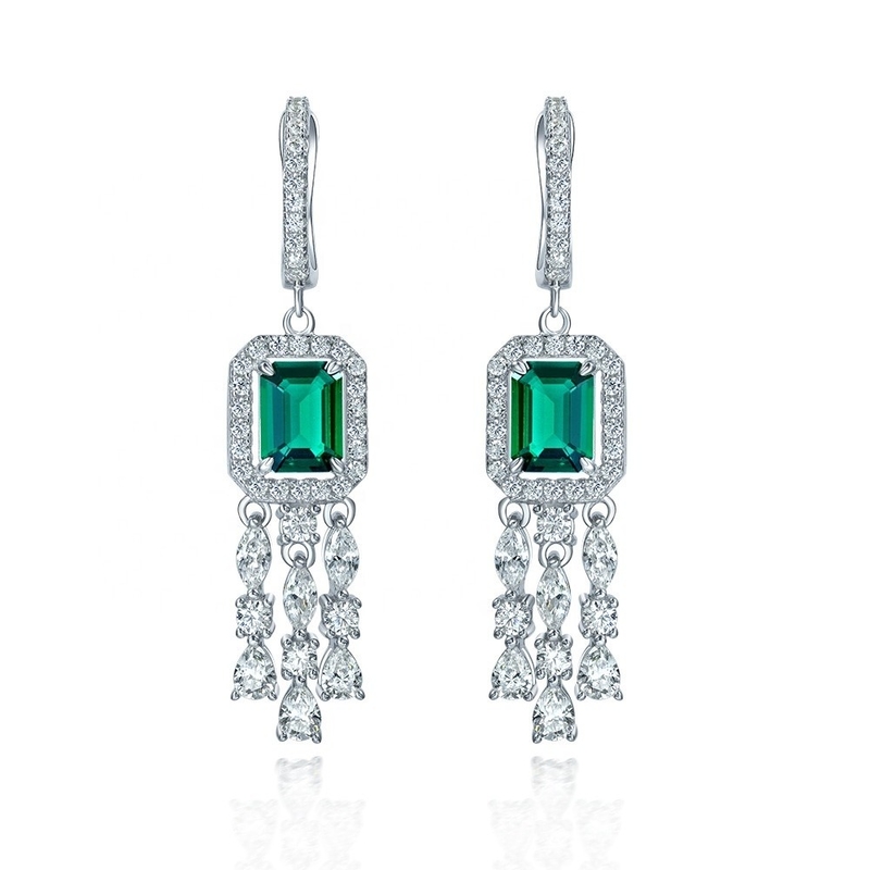 Real Sterling Silver 925 Green Baguette CZ Diamond Long Hoop Earrings for Unisex Wear