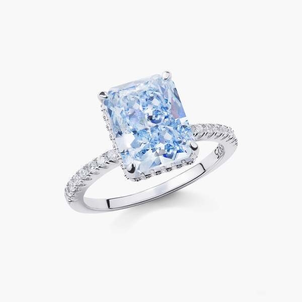 Silver Plated Baguette Blue Diamond 5A Ice Cut CZ Wedding Engagement Ring For Women 925 Sterling Silver