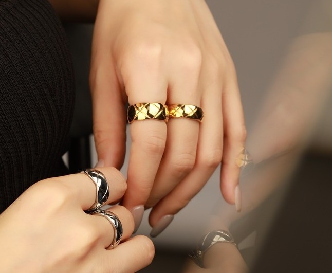 Antique 18K Gold Couple Tail Women's 925 Sterling Silver Wedding Band Middle Ring