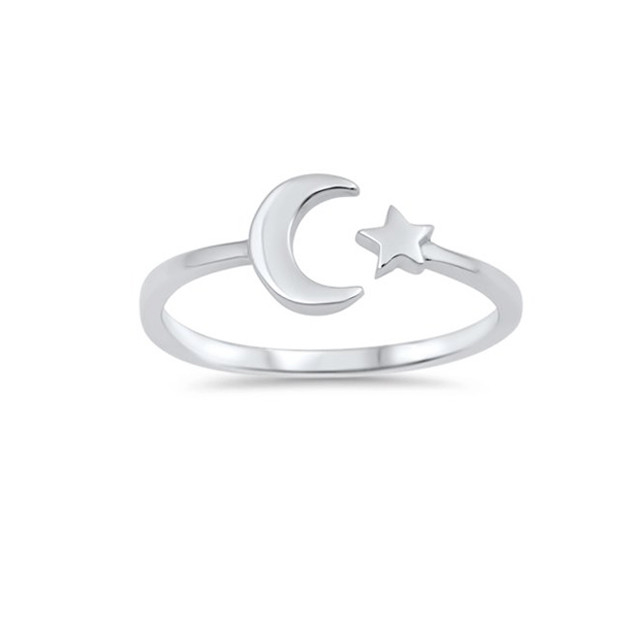 925 Sterling Silver High Polish Simple Open Moon Star Ring Perfect for Any Occasion