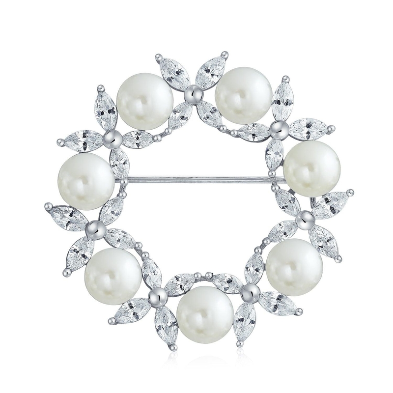 Gold Plated Leaf Circle White Pearl Brooch 925 Silver Luxury Brooches For Women