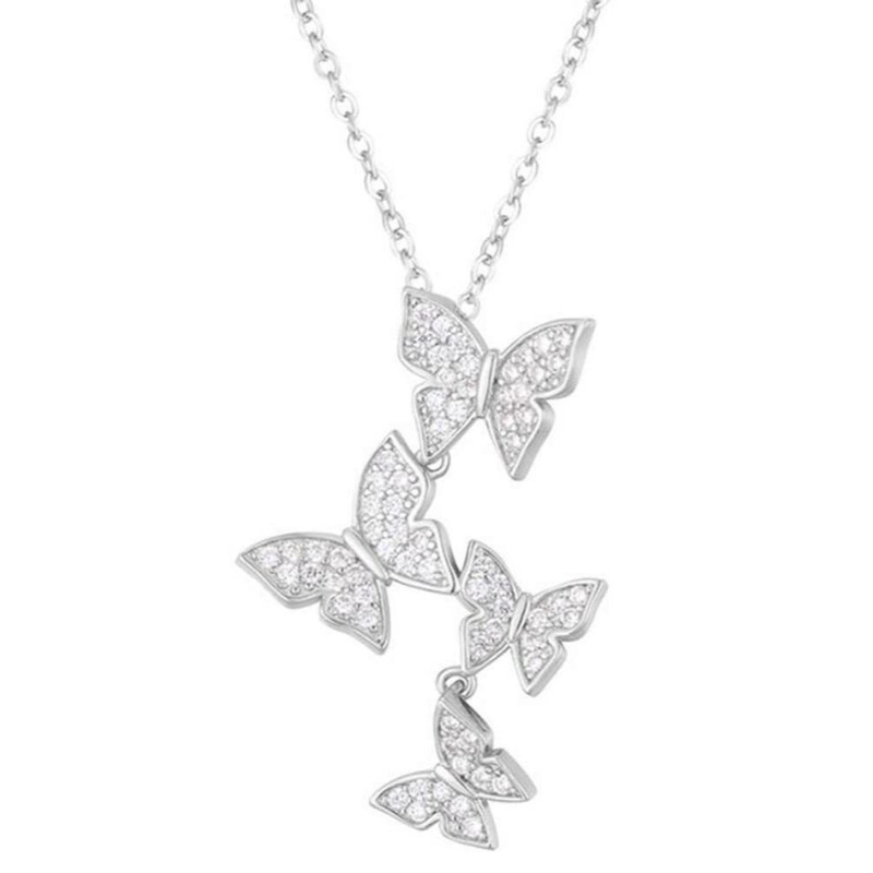 925 Sterling Silver White Gold Plated Micron Pave 4 Butterflies Charm Pendant For Women