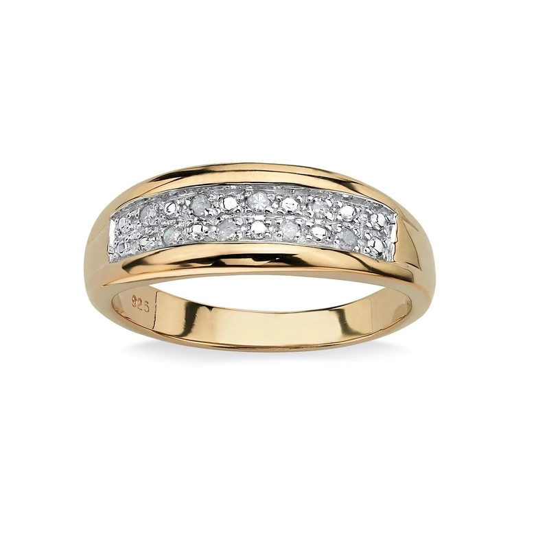 Silver / Brass Men's Prong Set Diamond Wedding Ring In 18k Gold Plating With Pave Diamonds