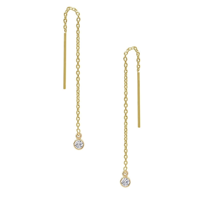 925 Sterling Silver Simply 18K Gold Plated Women's Bezel Drop Chain Threader Earring
