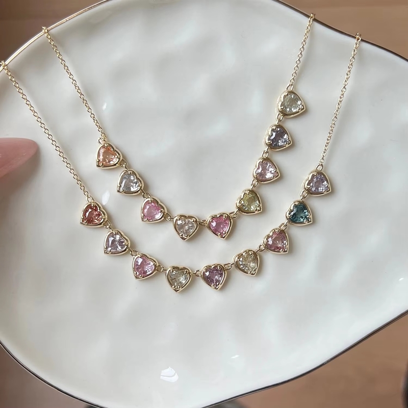Gold Plated Handmade Heart-Shaped Sapphire & Cubic Zirconia Strand Necklace Elegant Party Jewelry for Women