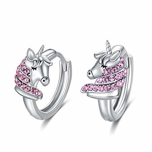 925 Sterling Silver Unicorn Huggie Earrings 16mm Pink CZ for Kids
