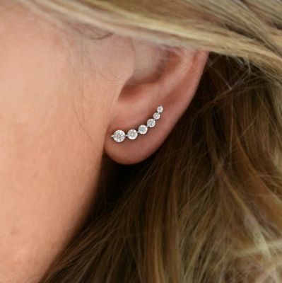 Handmade White Cubic Zircon Crawler 925 Sterling Silver Stud Earrings Rose Gold Plated