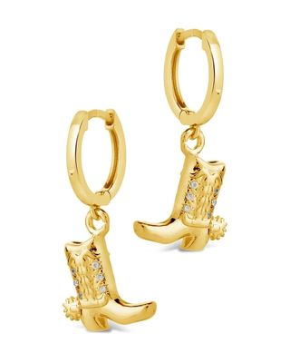 Cowboy Boot Micro Delicate Brass Drop Earrings White CZ Stone Brass Dangle Earrings