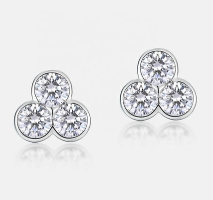 S925 Silver Three Stone Stud Earrings with Rhodium Plating For Women And Girls Fine Jewelry