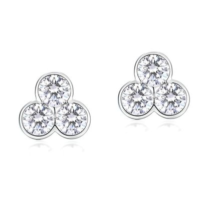 S925 Silver Three Stone Stud Earrings with Rhodium Plating For Women And Girls Fine Jewelry