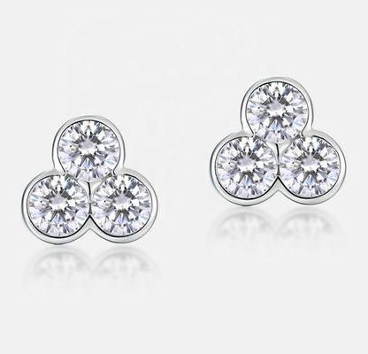 S925 Silver Three Stone Stud Earrings with Rhodium Plating For Women And Girls Fine Jewelry