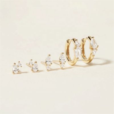 Trendy 18K Gold Plated White Cubic Zircon 925 Sterling Silver Stud & Huggies Set Earrings