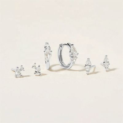 Trendy 18K Gold Plated White Cubic Zircon 925 Sterling Silver Stud & Huggies Set Earrings