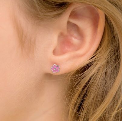 925 Sterling Silver 6mm Pink Enamel Flower Stud Earrings with Customized Logo and Third Party Appraisal for Children
