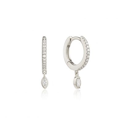 925 Sterling Silver Marquise Cut Zircon Drop Hoop Earrings for Engagement Occasion with 12mm Hoop Diameter and 2mm Thickness