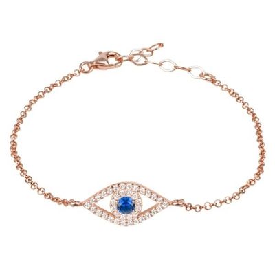 Rose Gold Thin Silver Chain Bracelet White Blue CZ Eye 925 Sterling Silver
