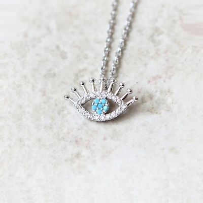925 Sterling Silver Micro Pave Clear CZ and Turquoise Evils Eyes Pendant Necklace NECKLACES