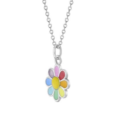 925 Sterling Silver Rainbow Enamel Daisy Pendant Necklaces for Children and Young Girls