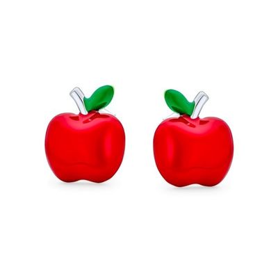 Delightful Red and Green Enamel Apple Earrings for Little Girls in 925 Sterling Silver