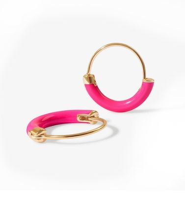 925 Sterling Silver EARRINGS 18MM Dia Hoops with Hot Pink Enamel and 18K Gold Plating