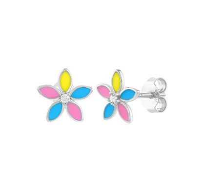 Yellow Enamel Multi Color Flower Stud Earrings 925 Sterling Silver Flower Studs