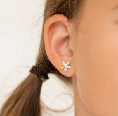 Yellow Enamel Multi Color Flower Stud Earrings 925 Sterling Silver Flower Studs