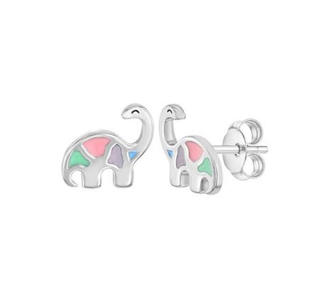 Multicolored Enamel Dinosaur Stud Earrings 925 Sterling Silver For Little Girls