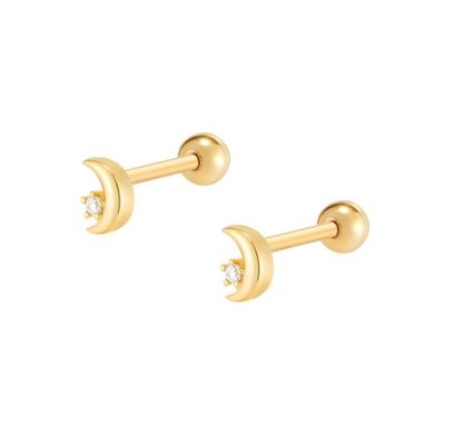 925 Sterling Silver Tiny CZ Moon Piercing Stud Earring with Ball Screw Back Closure