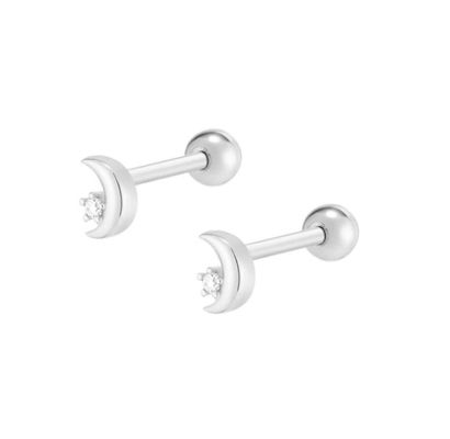 925 Sterling Silver Tiny CZ Moon Piercing Stud Earring with Ball Screw Back Closure