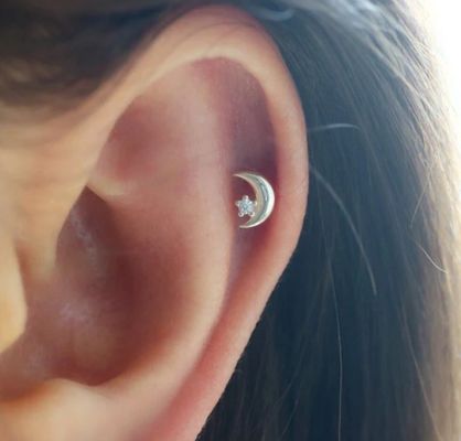 925 Sterling Silver Tiny CZ Moon Piercing Stud Earring with Ball Screw Back Closure
