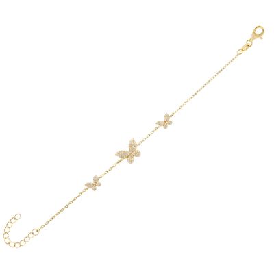 14K Gold Triple Butterfly Chain Bracelet Clear CZ Silver Chain Bracelet 925