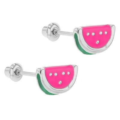 Silver Pink and Green Enamel Watermelon Kids Screw Back Earring for Gifts Occasion