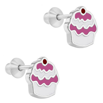Cupcake Pink Enamel 925 Sterling Silver Screw Back Children Earrings Jewelry