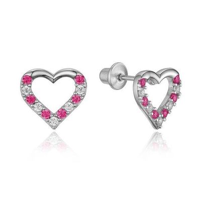 Micro Insert Heart Pink Screw Back Earrings for Children in 925 Sterling Silver