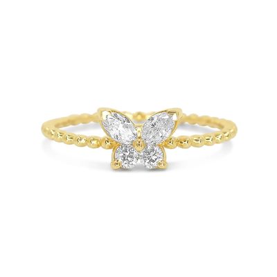 925 Sterling Silver Women's Ring with Handmade 18K Gold Plated Ball and Marquise Butterfly