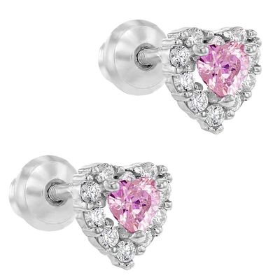 Rose Gold Plated Heart Pink CZ Screw Back Stud Earrings for Kids in 925 Sterling Silver