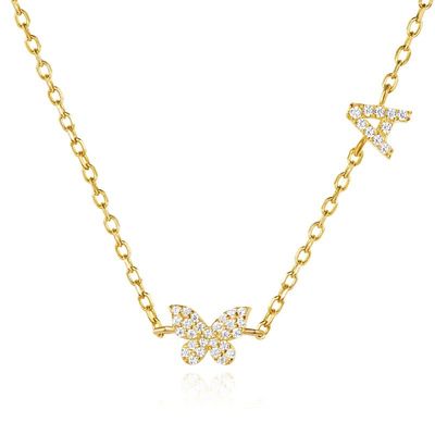 Necklace Mini 18K Gold White Micron Pave CZ Butterfly 925 Sterling Silver Pendant