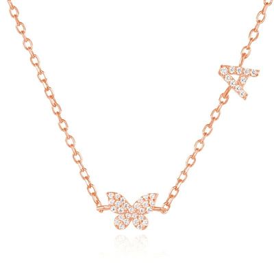 Necklace Mini 18K Gold White Micron Pave CZ Butterfly 925 Sterling Silver Pendant