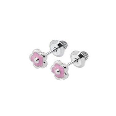 Cute Trendy Pink Flower Enamel Screw Back Earring Adorable 925 Sterling Silver Design